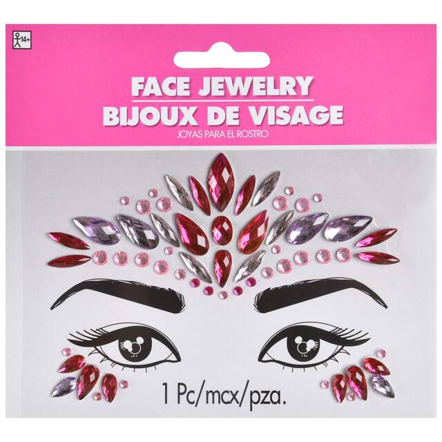 Self-Adhesive Face Jewel Stickers, Pink, One Size, Wearable Costume Accessory for Halloween Front_Flat