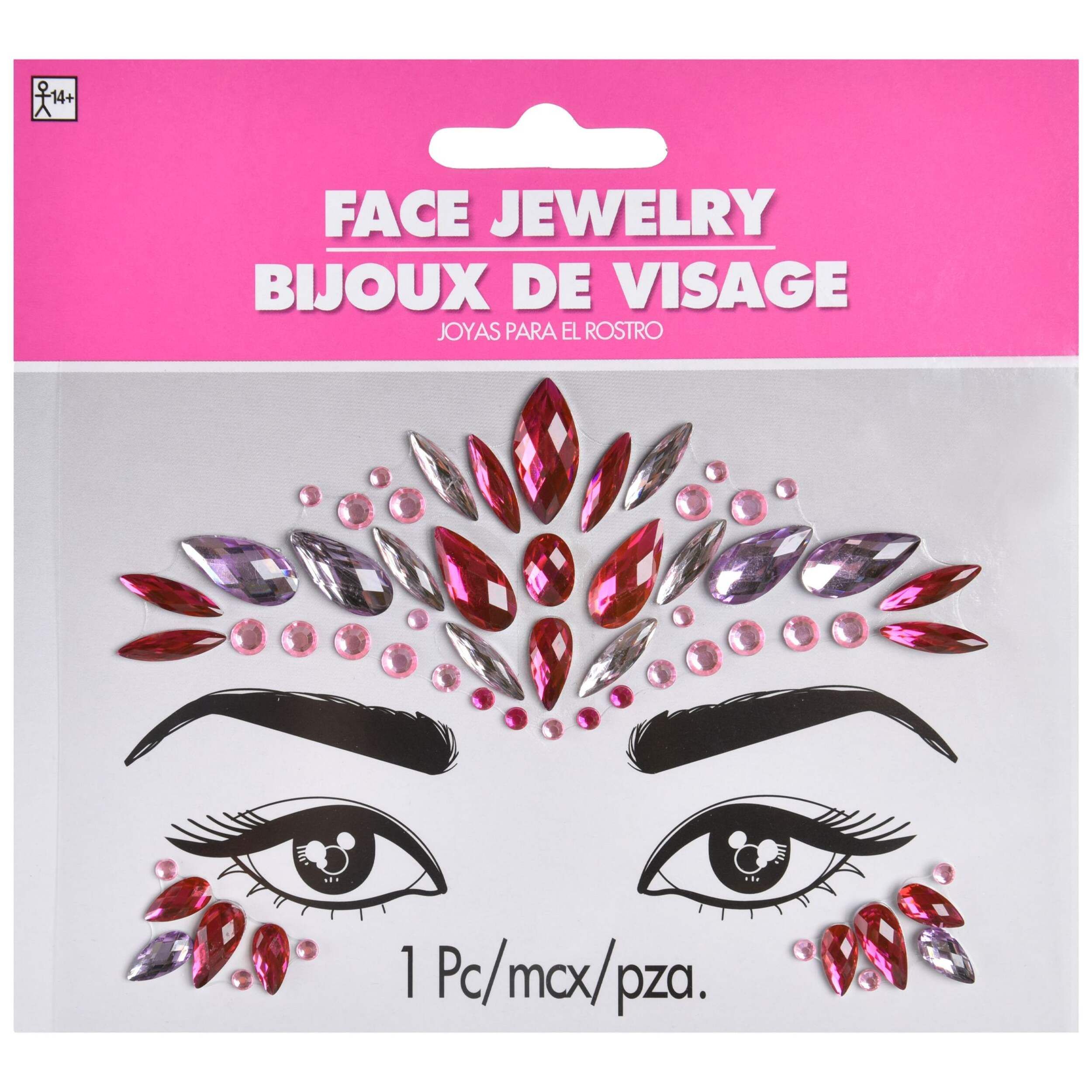Self-Adhesive Face Jewel Stickers, Pink, One Size, Wearable Costume Accessory for Halloween Front_Flat