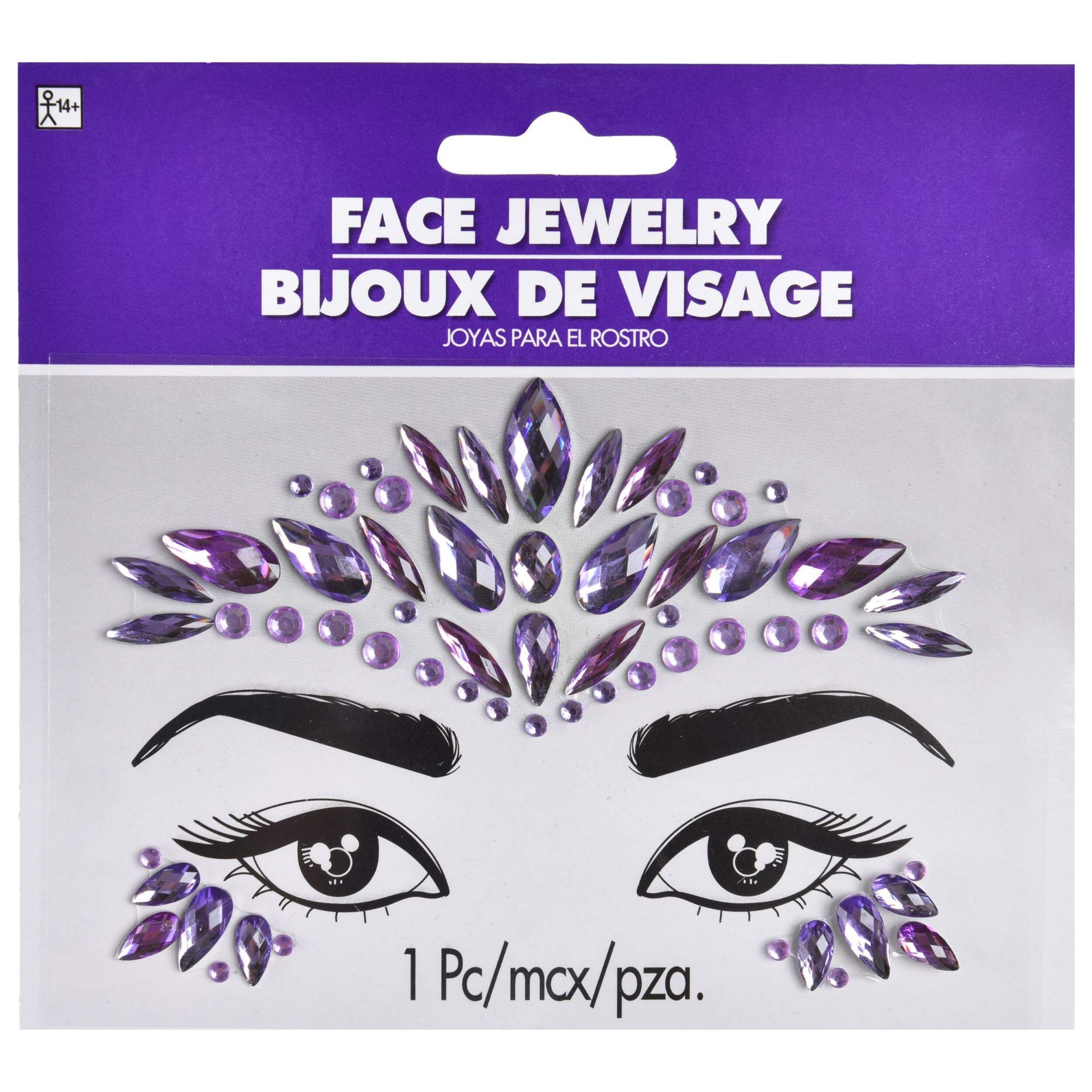 Self-Adhesive Face Jewel Stickers, Purple, One Size, Wearable Costume Accessory for Halloween Front_Flat