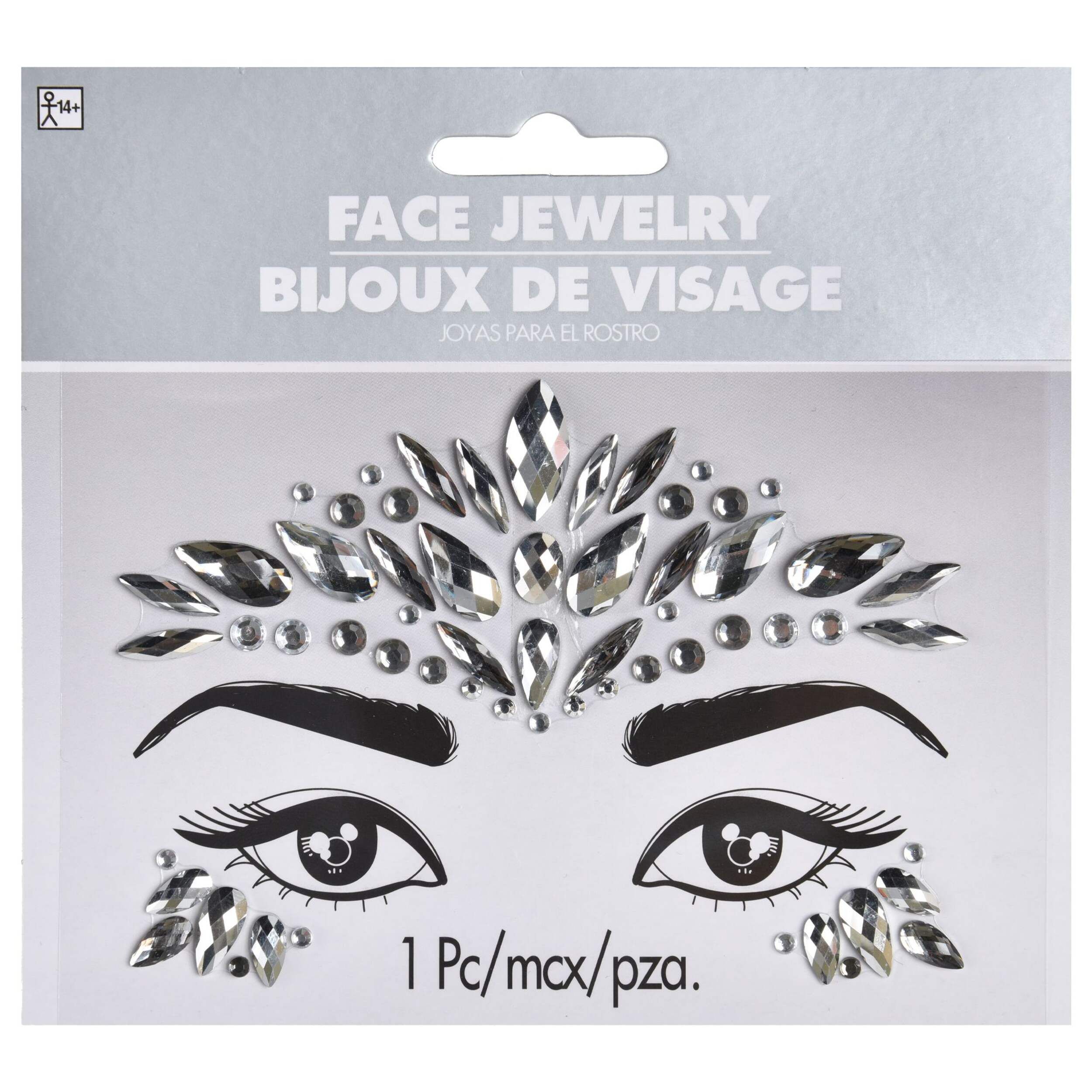 Self-Adhesive Face Jewel Stickers, Silver, One Size, Wearable Costume Accessory for Halloween Front_Flat
