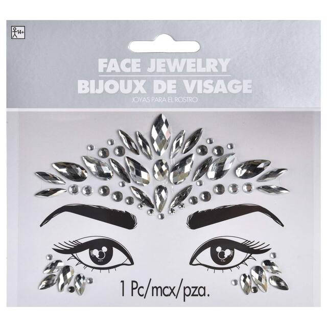Self-Adhesive Face Jewel Stickers, Silver, One Size, Wearable Costume Accessory for Halloween Front_Flat