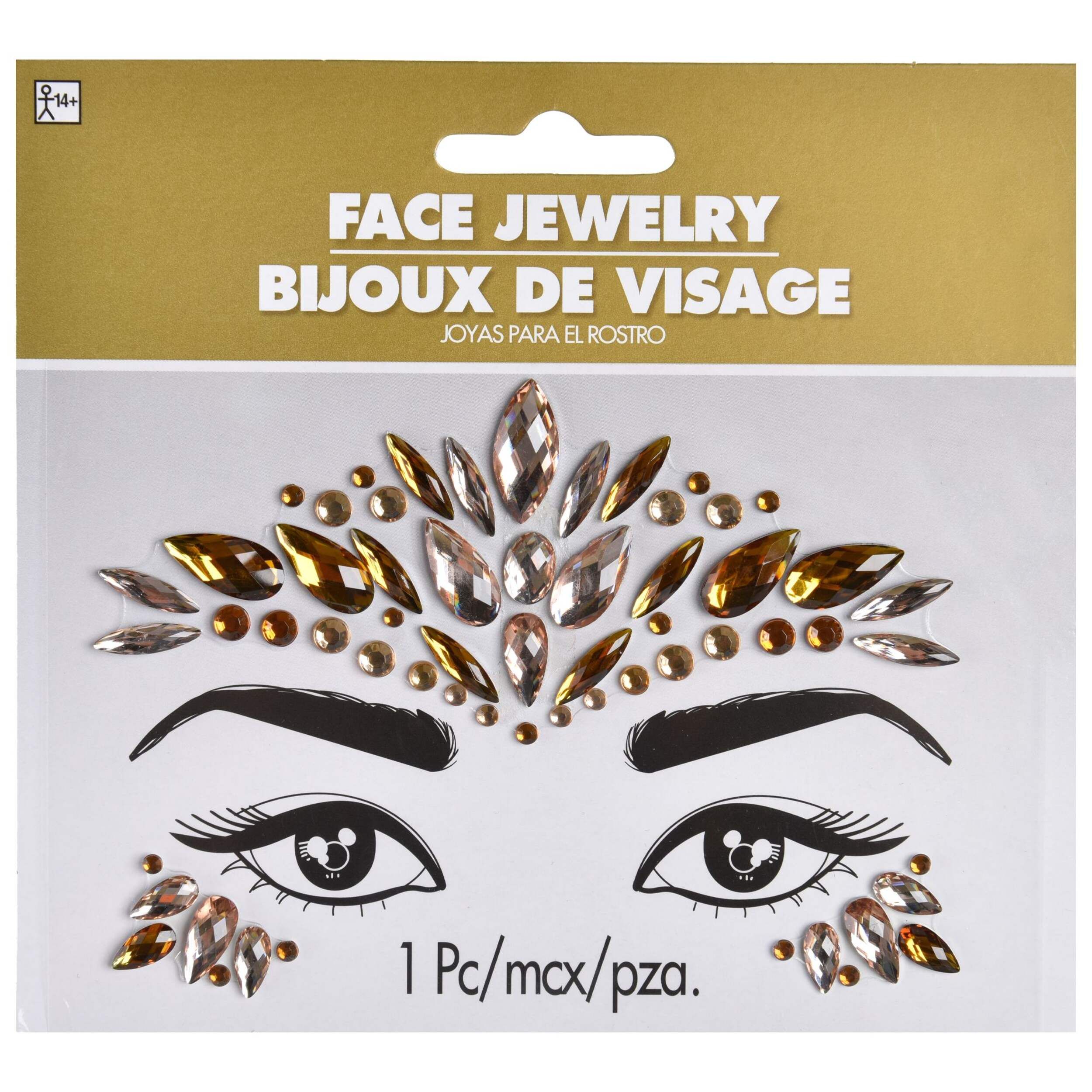 Bijoux autocollants pour le visage, doré, taille unique, accessoire de costume à porter pour l'Halloween Front_Flat