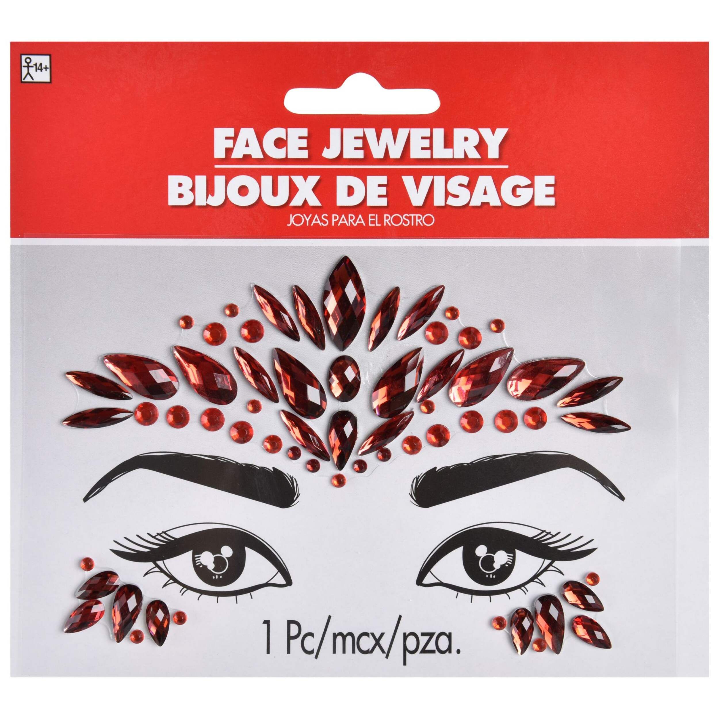 Self-Adhesive Face Jewel Stickers, Red, One Size, Wearable Costume Accessory for Halloween Front_Flat