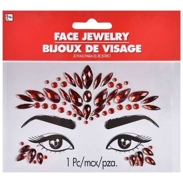 Self-Adhesive Face Jewel Stickers, Red, One Size, Wearable Costume Accessory for Halloween Front_Flat