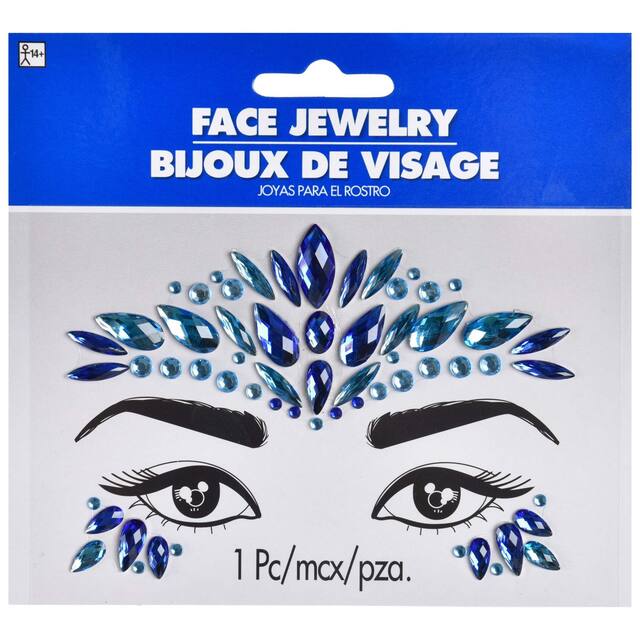 Bijoux autocollants pour le visage, bleu, taille unique, accessoire de costume à porter pour l'Halloween Front_Flat
