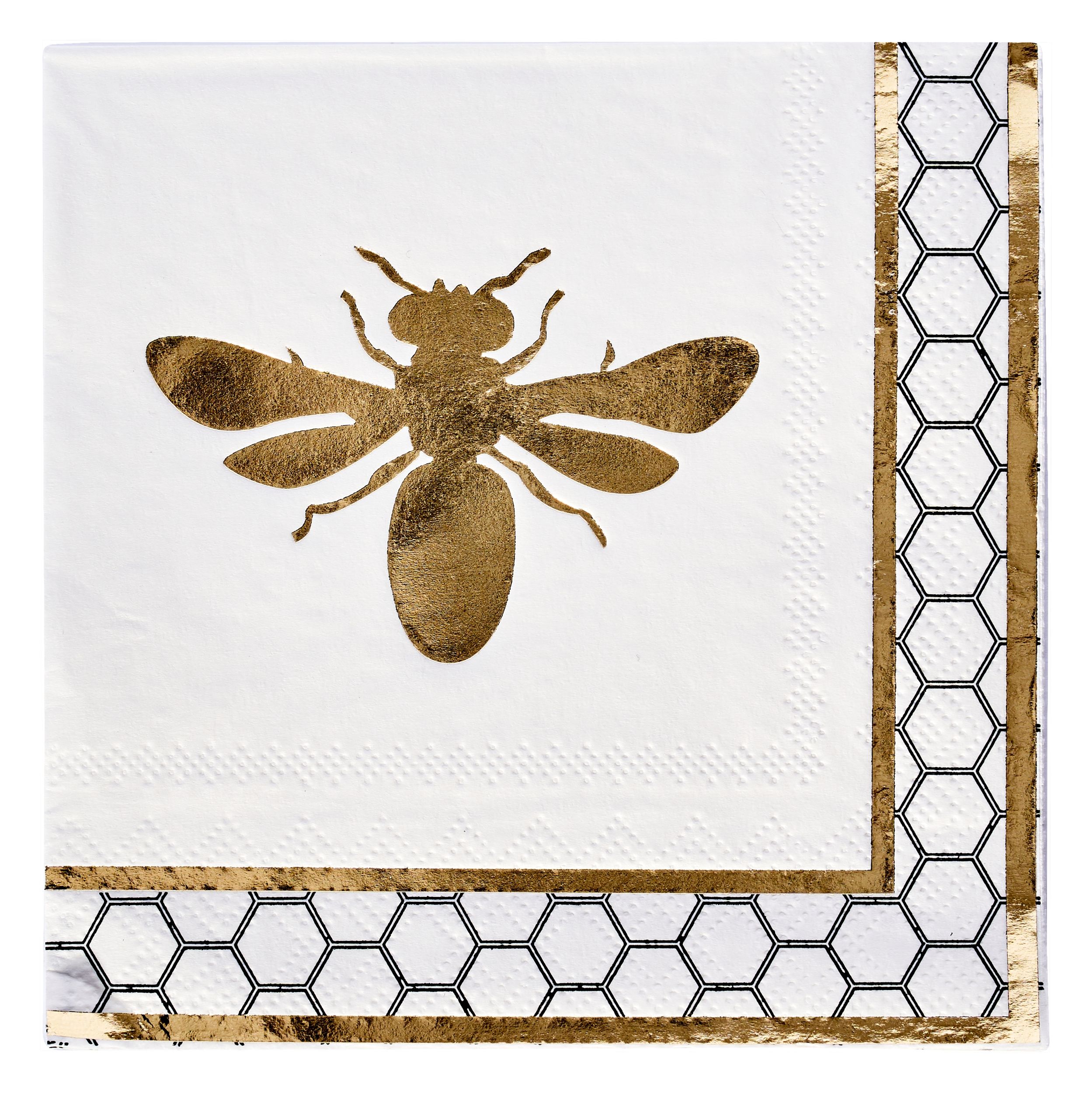 Sophistiplate Honeybee Square Paper Disposable Beverage Napkins, White/Gold, 5-in, 20-pk, 3-ply, for Bridal Shower/Brunch/Mother's Day/Easter Overhead_Flat