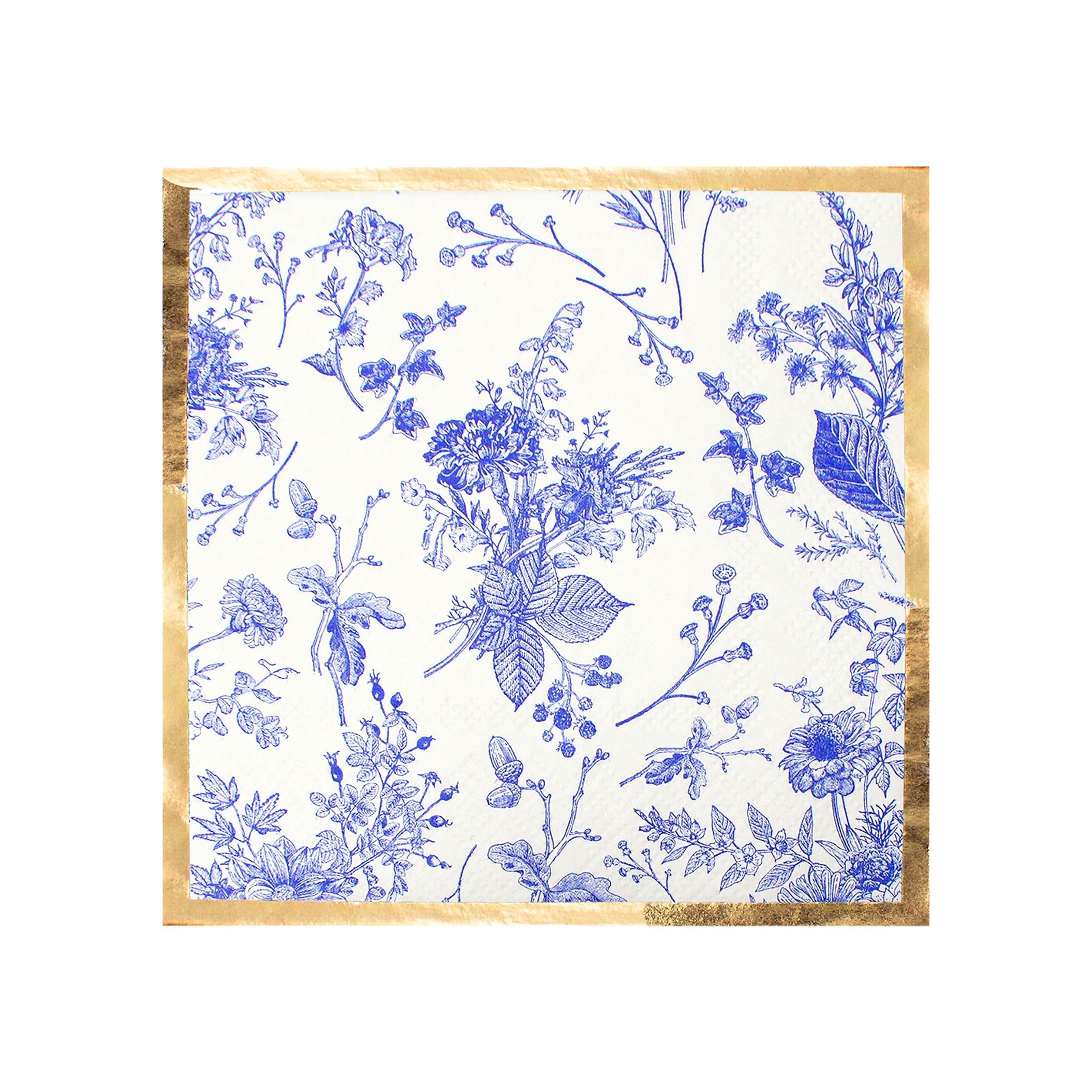 Sophistiplate Timeless Square Paper Disposable Beverage Napkins, Blue/Gold, Floral, 5-in, 20-pk, 3-ply, for Bridal Shower/Hanukkah/Brunch Front_Flat