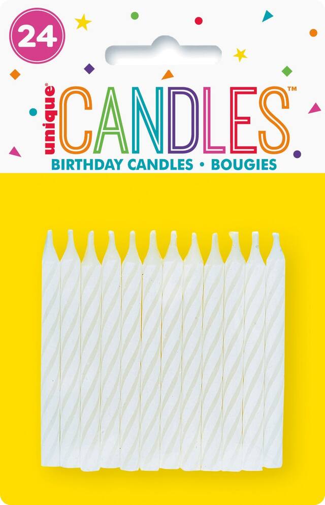 Spiral Wax Candles, White/Gold, 2.5-in, 24-pk, for Birthday Party Front_Flat