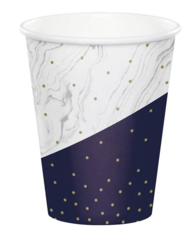 Paper Disposable Cups, Navy/Gold, Marble, 9-oz, 8-pk, for Birthday Party Front_Elevated