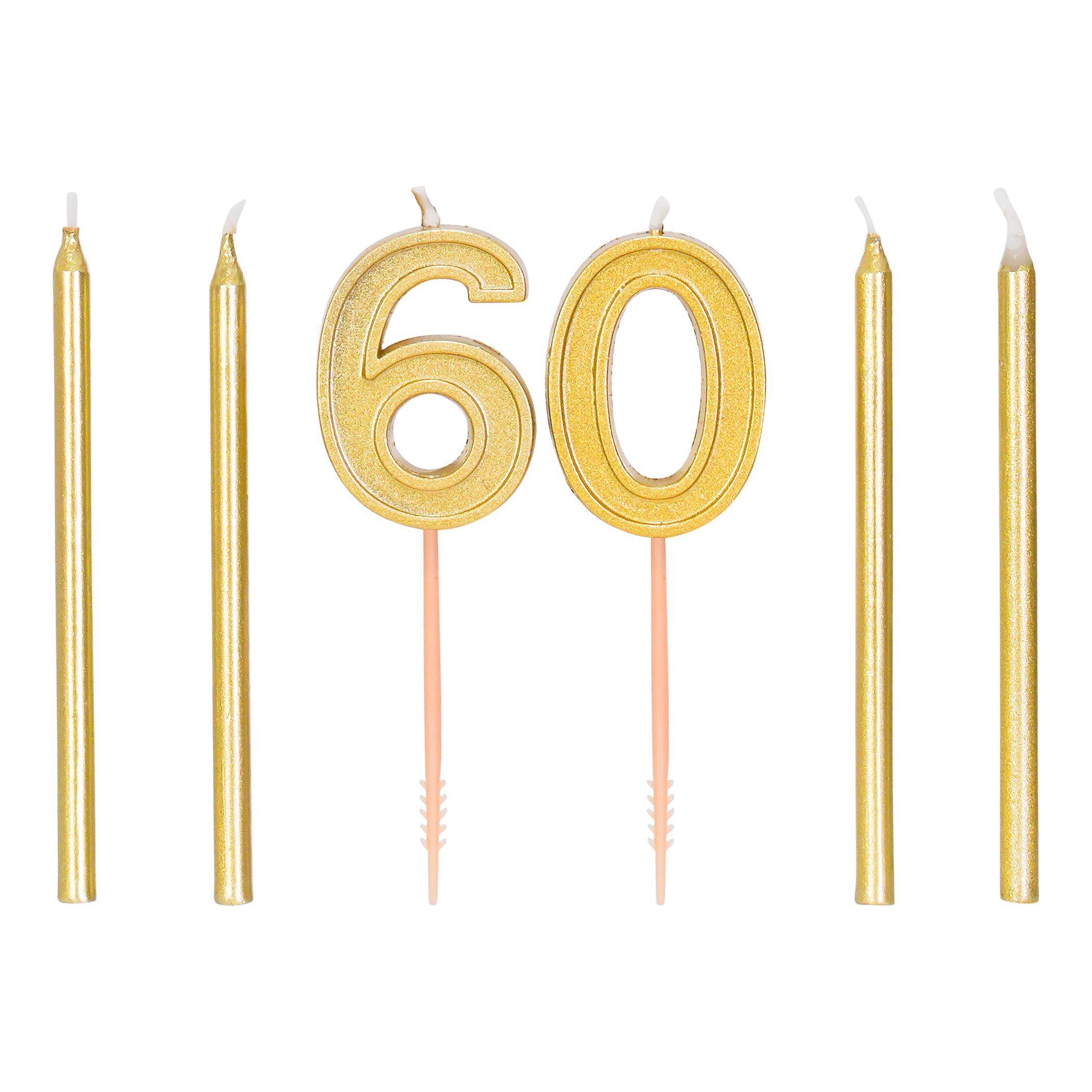 Golden Age "Sixty" Letter Wax Candle Set, Gold, 4.5-in, 9-pk, for Birthday Party Front_Flat