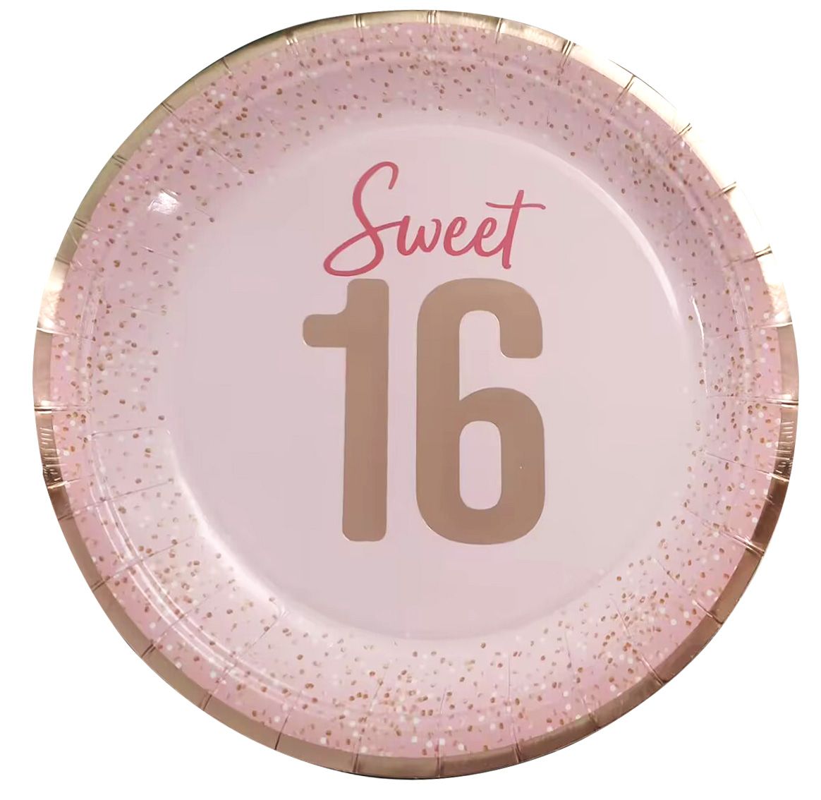 Blush Birthday 'Sweet 16' Round Paper Disposable Lunch Plates, Blush, 9-in, 16-pk, for Birthday Party Overhead_Flat