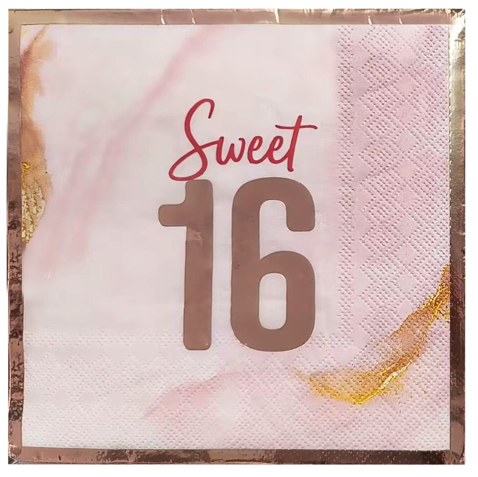 Blush Birthday 'Sweet 16' Square Paper Disposable Lunch Napkins, Blush, 6.5-in, 16-pk, for Birthday Party Overhead_Flat