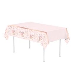 "Sweet 16" Blush Birthday Reusable Plastic Table Cover, Blush, 54 x 102-in, for Birthday Party Front_Angled_Left