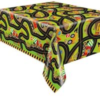 Construction 'Yield for Party' Rectangle Plastic Reusable Birthday Party Table Cover, Black/Green, 54x84-in