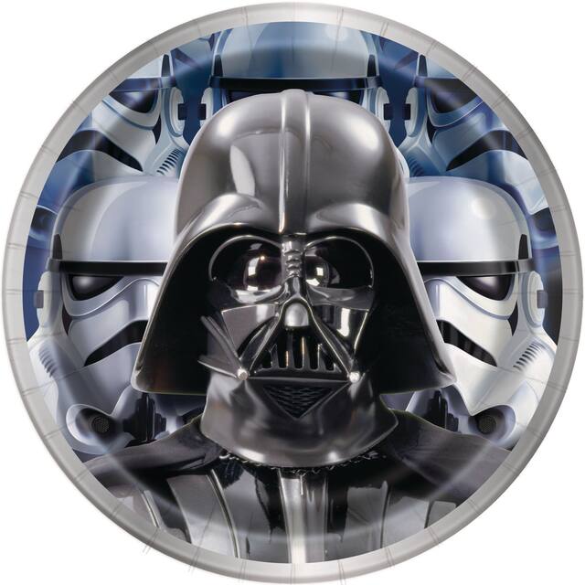 Disney Star Wars Darth Vader & Stormtrooper Round Paper Disposable Dessert Plates, Black/Silver, 7-in, 8-pk, for Star Wars Birthday Party Overhead_Flat