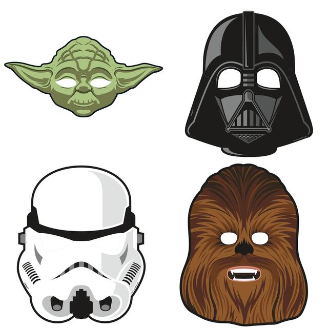 Disney Star Wars Darth Vader/Yoda/Stormtrooper/C-3PO Paper Masks, Multi-Coloured, One Size, 8-pk, Wearable Costume Accessories for Birthdays/Halloween Front_Flat