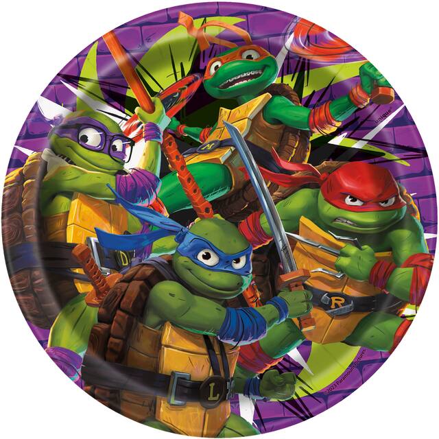 Teenage Mutant Ninja Turtles "TMNT" Round Paper Disposable Dessert Plates, Green/Blue, 7-in, 8-pk, for Birthday Party Overhead_Flat