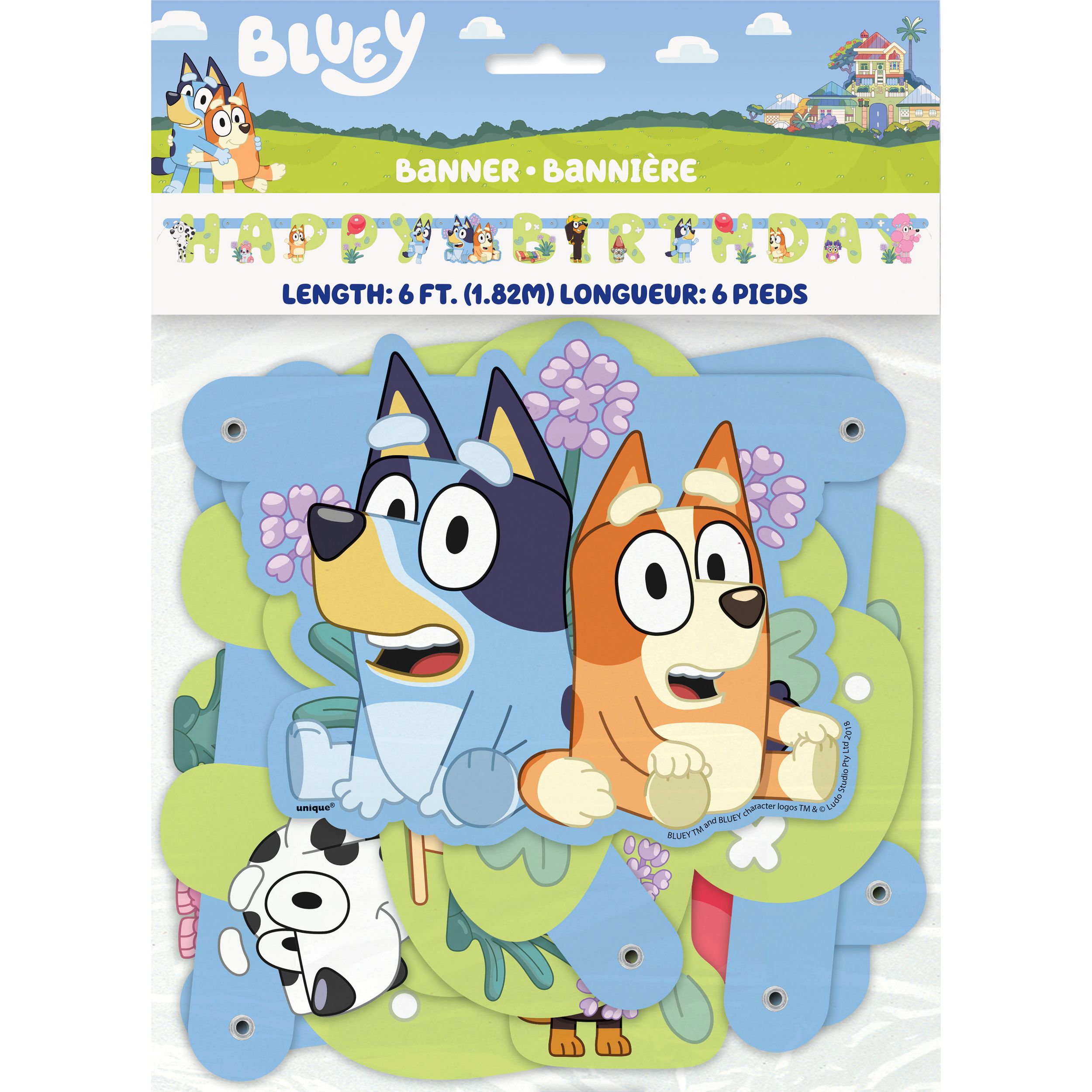 Disney Bluey "Happy Birthday" Hanging Garland Banner Decoration, Yellow/Blue, 10.5-ft, for Birthday Party Front_Flat