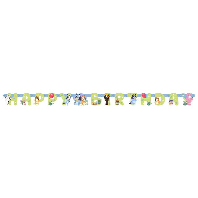 Disney Bluey "Happy Birthday" Hanging Garland Banner Decoration, Yellow/Blue, 10.5-ft, for Birthday Party Front_Flat