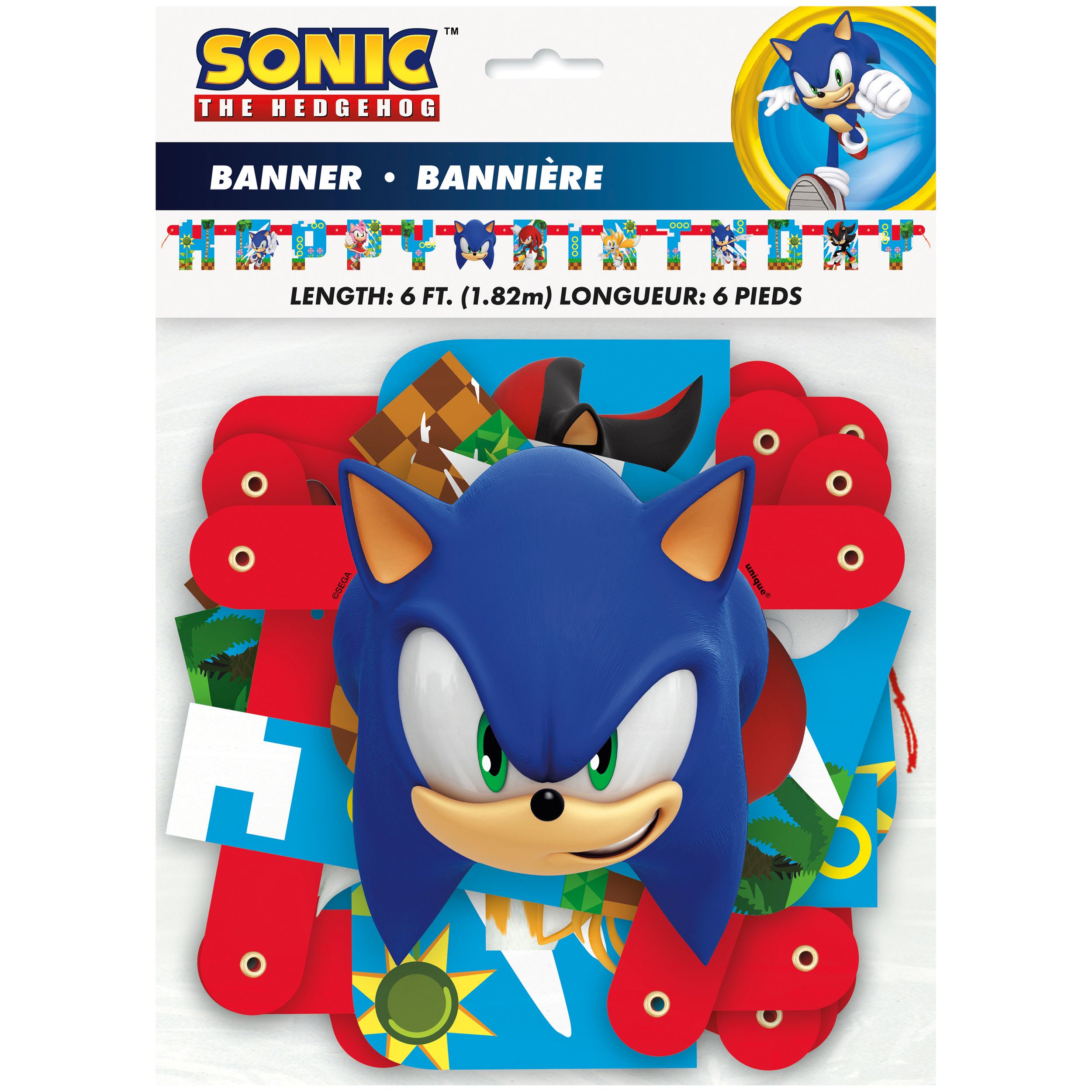 Banderole guirlande décorative Happy Birthday à suspendre pour fête d'anniversaire Sonic le Hérisson, bleu Front_Flat