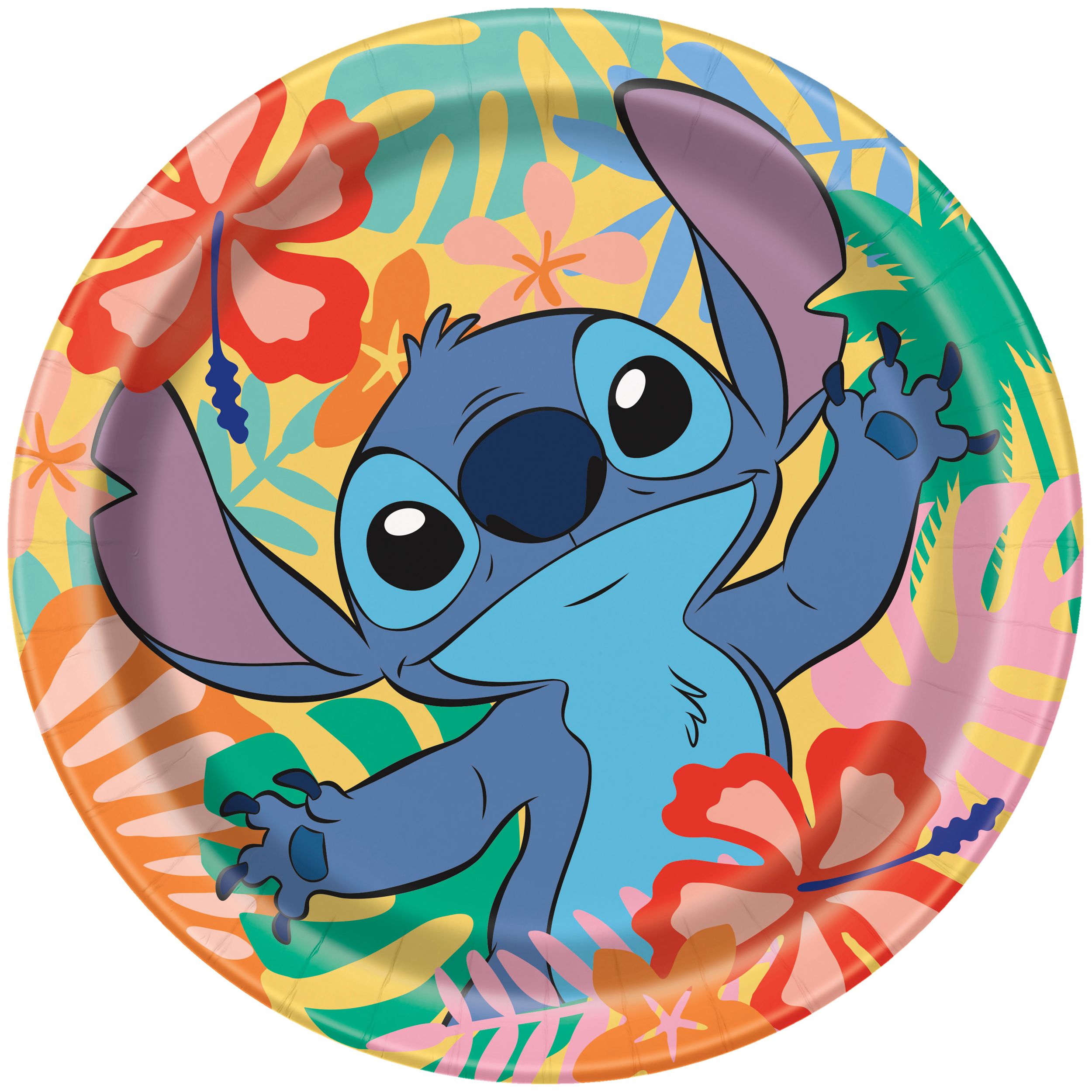 Stitch Round Paper Disposable Lunch Plates, Multi-Colour, 9-in, 8-pk, for Birthday Party Overhead_Flat