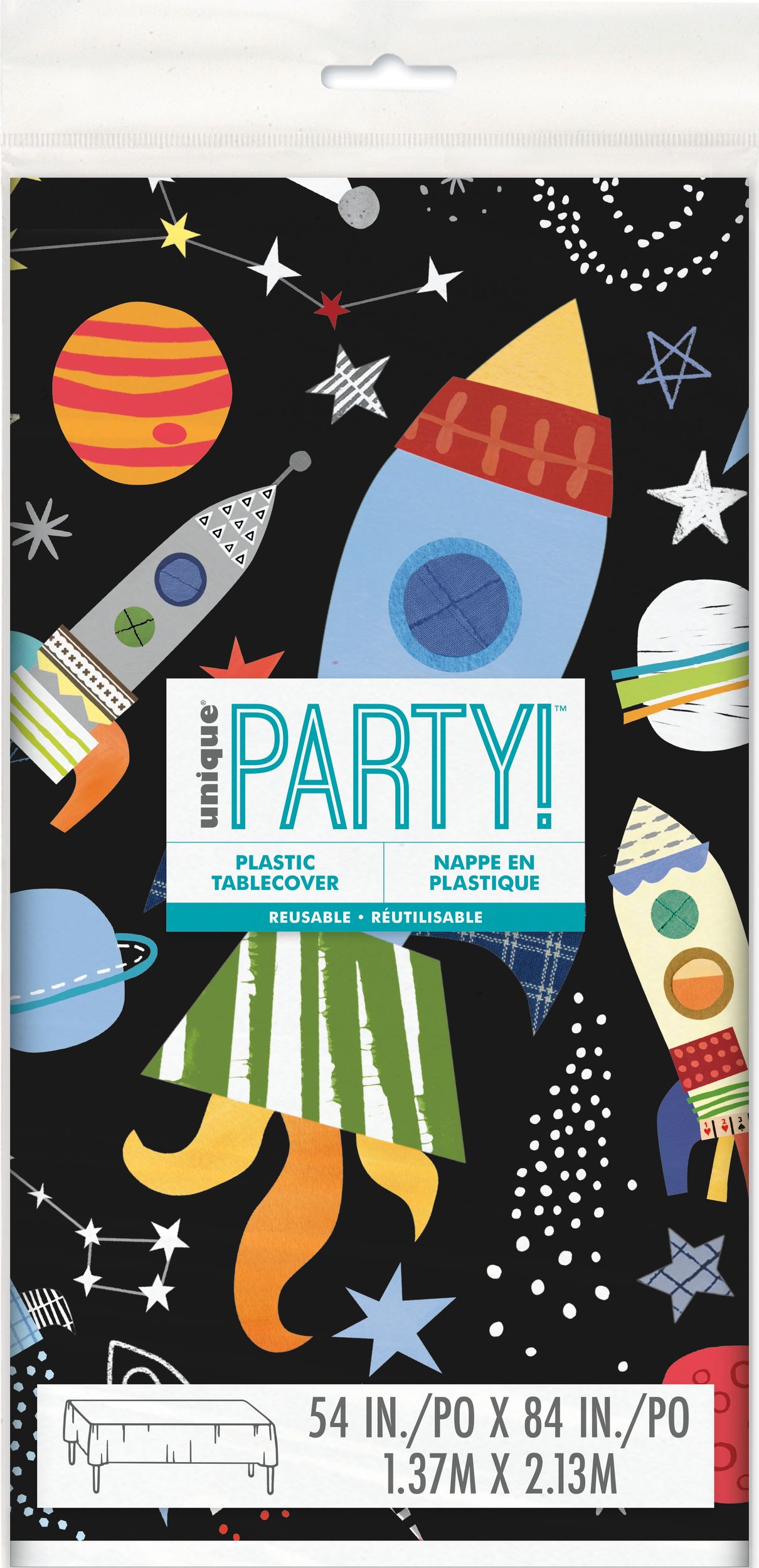 Blast Off Rectangle Plastic Reusable Table Cover, Blue/White, 54x96-in, for Birthday Party Front_Flat