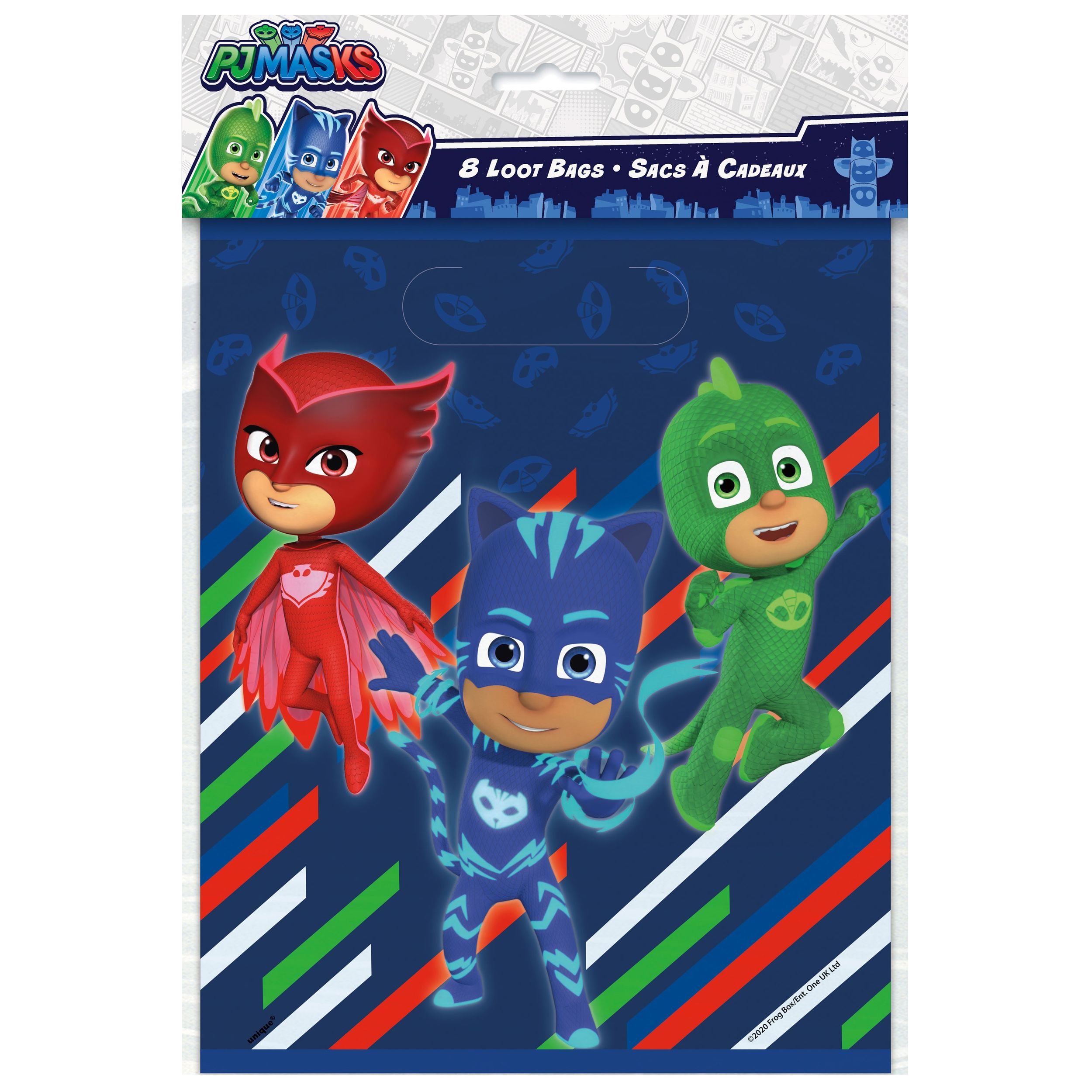 PJ Masks Catboy/Owlette/Gekko Paper Gift Bags, Red/Green/Blue, 8-in, 8-pk, for Birthday Party Front_Flat