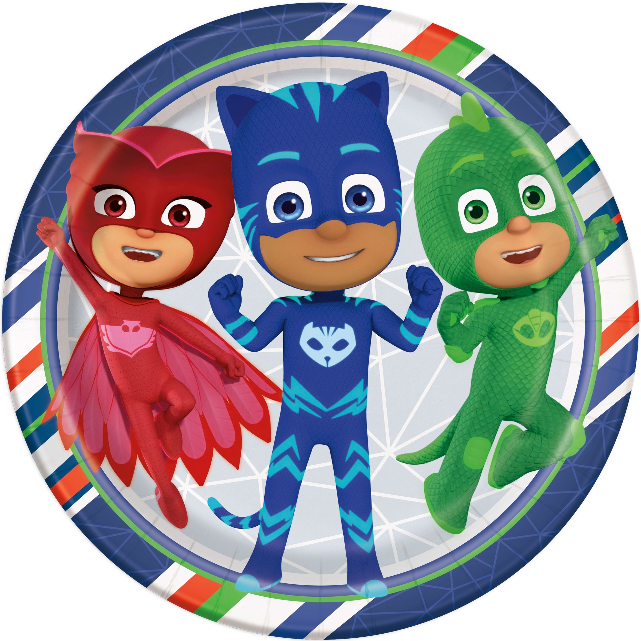 PJ Masks Catboy/Owlette/Gekko Square Paper Disposable Lunch Plates,Red/Blue/Green, 9-in, 8-pk, for Birthday Party Overhead_Flat
