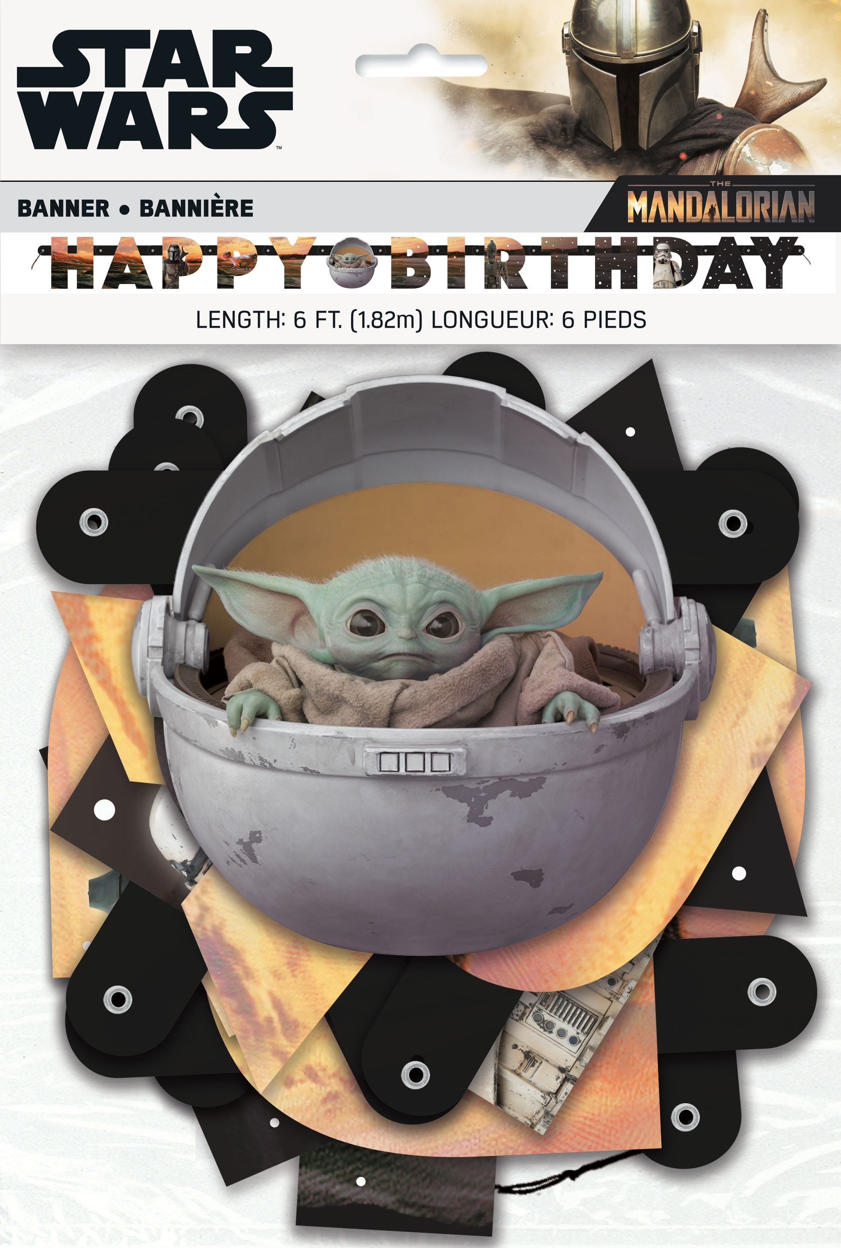 Disney Star Wars Mandalorian "Happy Birthday" Baby Yoda DIY Customizable Hanging Garland Banner Decoration, Purple/Green, 10-ft, for Birthday Party Front_Flat