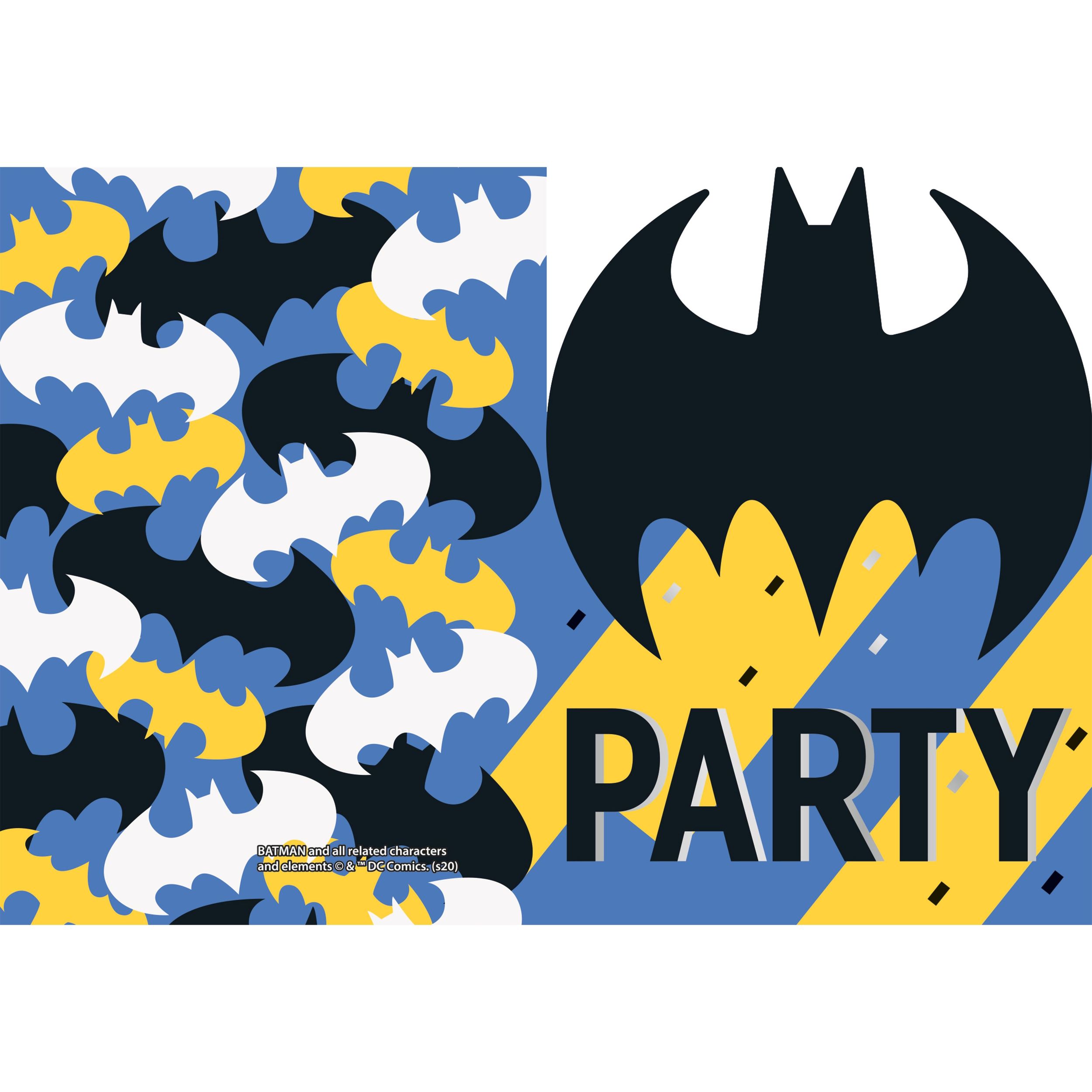 Invitations en papier Aile de chauve-souris fête DC Batman avec enveloppes, bleu/jaune, paq. 8, pour fête d'anniversaire Front_Flat