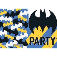 DC Batman "Party" Bat Wing Paper Party Invitations with Envelopes, Blue/Yellow, 8-pk, for Birthday Party