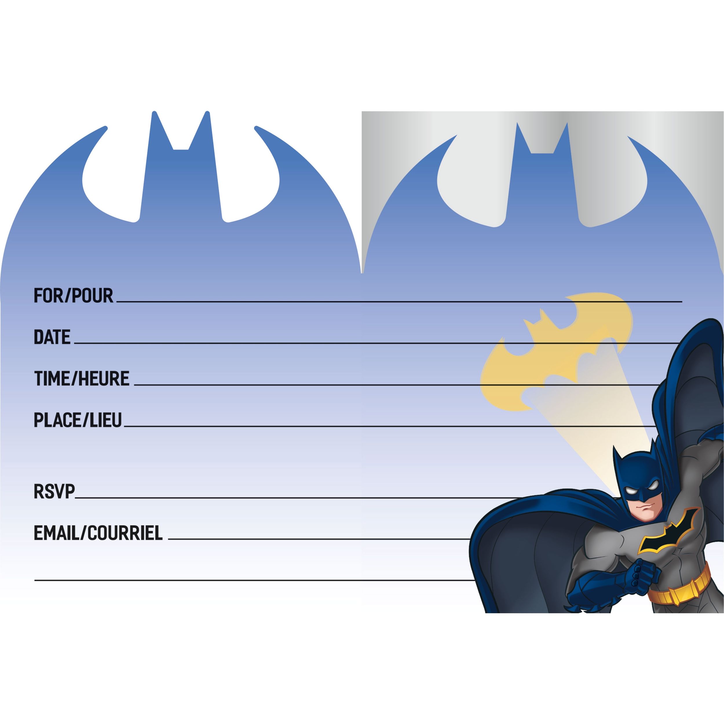Invitations en papier Aile de chauve-souris fête DC Batman avec enveloppes, bleu/jaune, paq. 8, pour fête d'anniversaire Back_Flat
