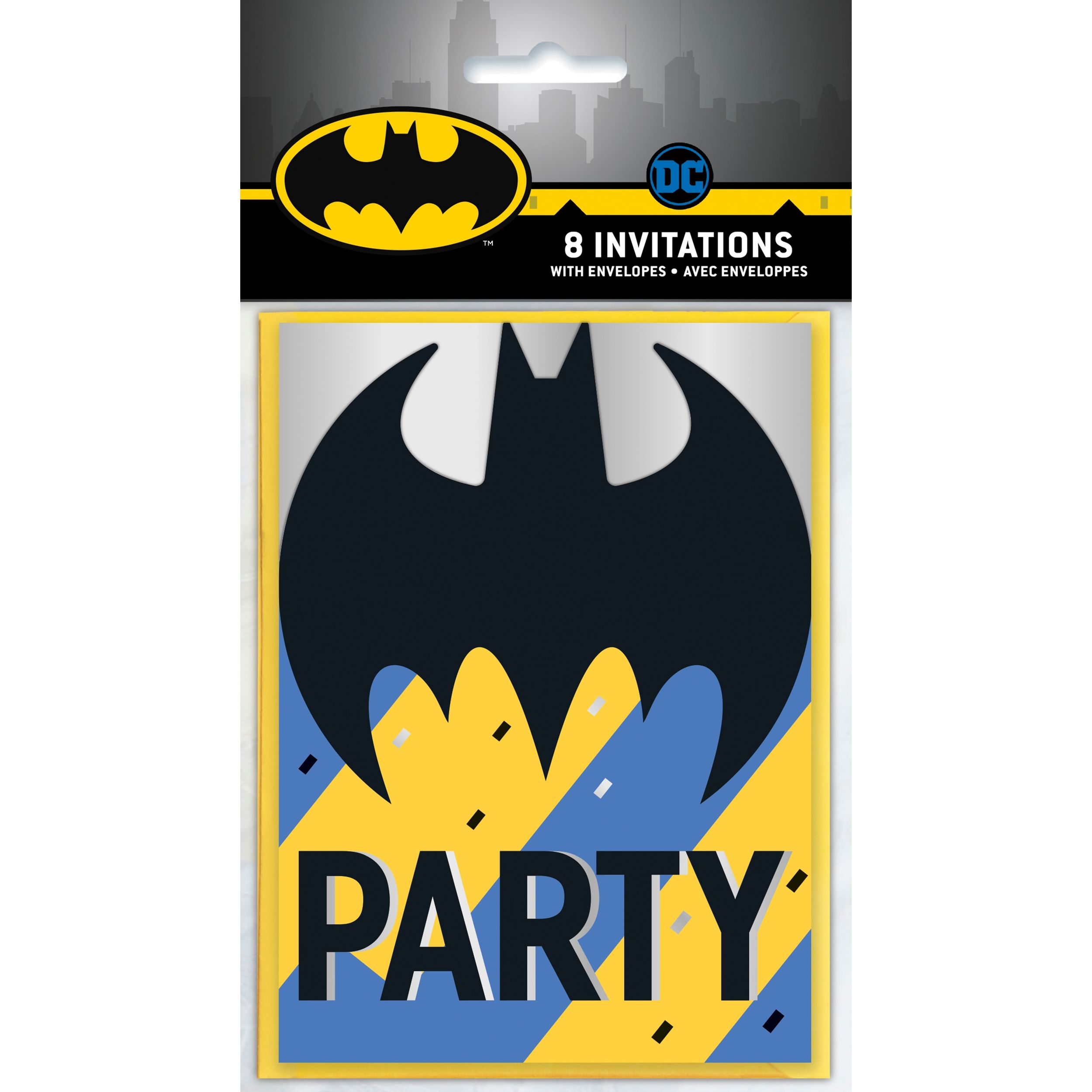 Invitations en papier Aile de chauve-souris fête DC Batman avec enveloppes, bleu/jaune, paq. 8, pour fête d'anniversaire Front_Flat