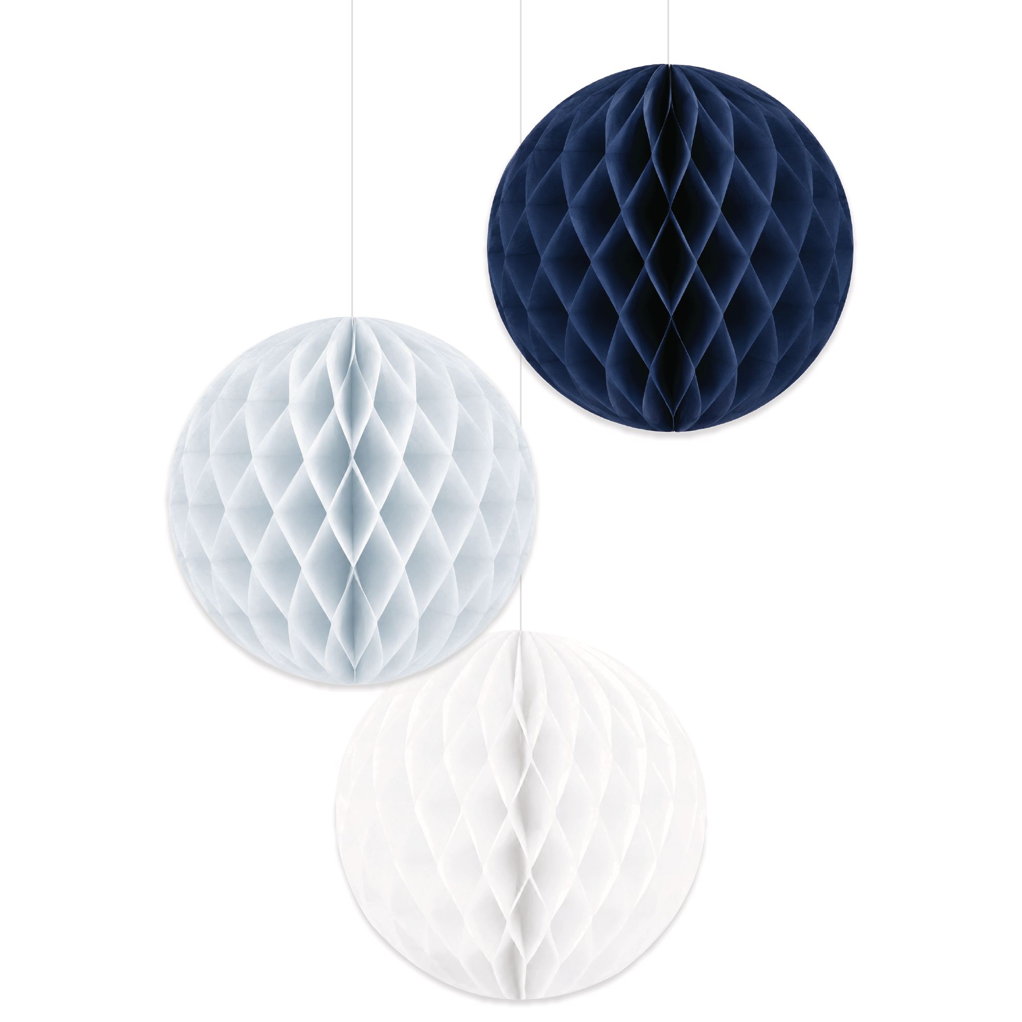Honeycomb Paper Ball Hanging Decoration Kit, Blue, 12-in, 3-pc, for Baby Shower/Birthday Party Front_Flat