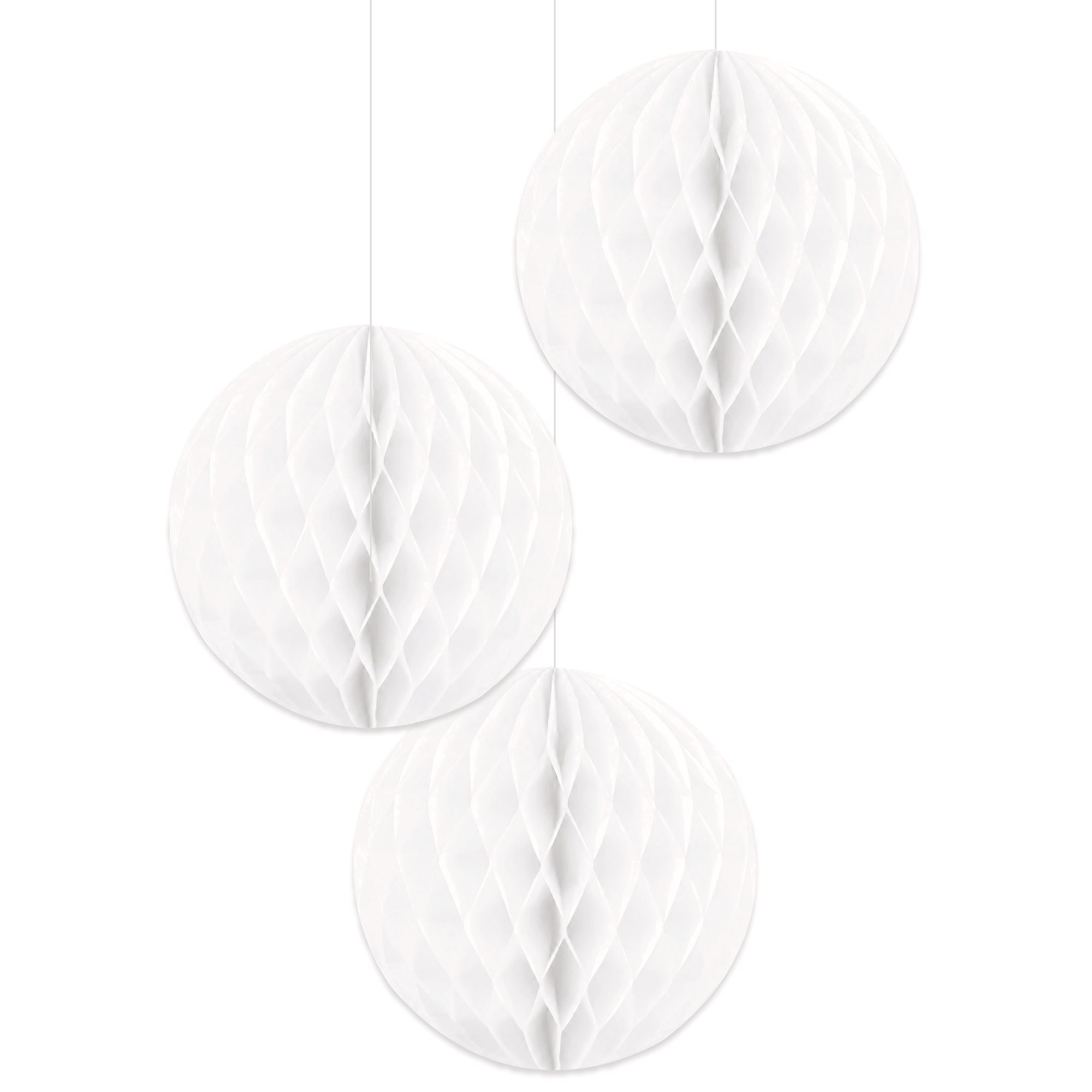 Honeycomb Paper Ball Hanging Decoration Kit, White, 12-in, 3-pc, for Wedding/Engagement/Bridal Shower Front_Flat