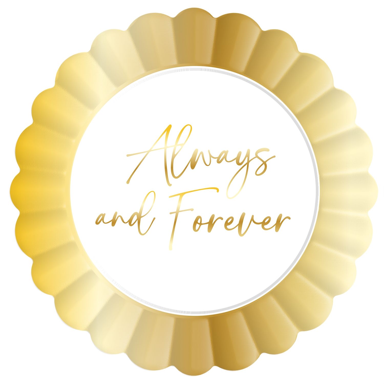 Assiette à salade jetable en papier avec bordures à volants Always and Forever, blanc/doré, 8 po, paq. 8, pour mariage Overhead_Flat