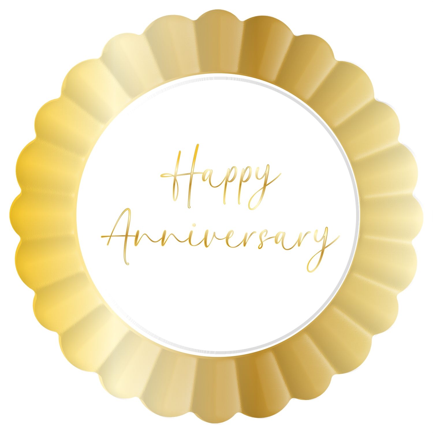 "Happy Anniversary" Ruffled Edge Disposable Salad Plate, White/Gold, 8-in, 8-pk, for Anniversary/Celebration Overhead_Flat