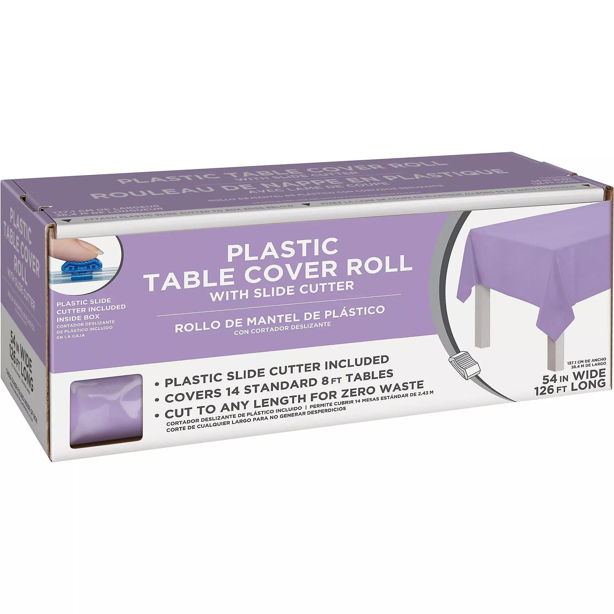 Rectangle Plastic Reusable Table Cover Roll with Slide Cutter, Lavender, 126-ft, for Halloween/Easter Front_Angled_Right