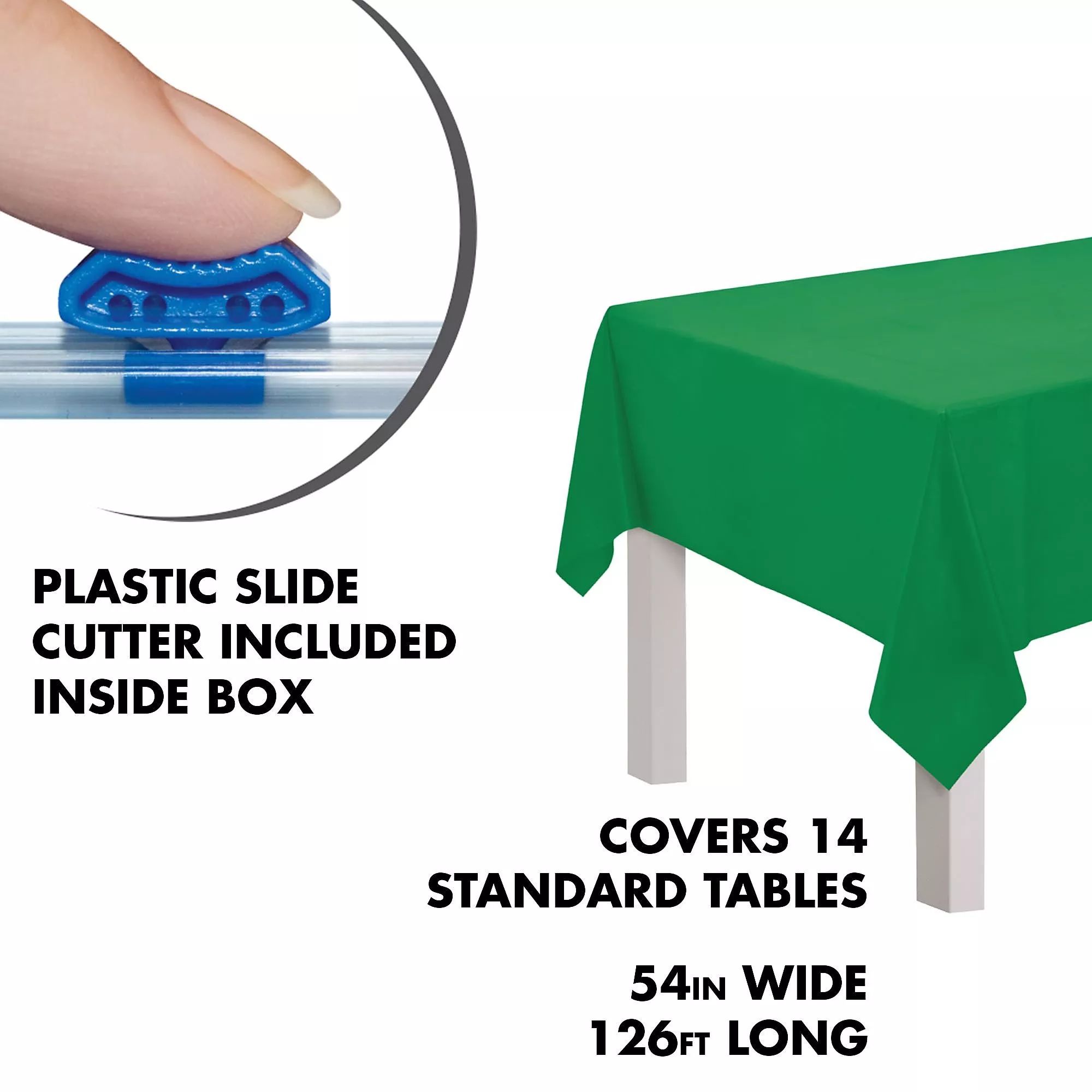 Rectangle Plastic Reusable Table Cover Roll with Slide Cutter, Green, 126-ft, for St. Patrick's Day/Easter/Summer Party Front_Angled_Right