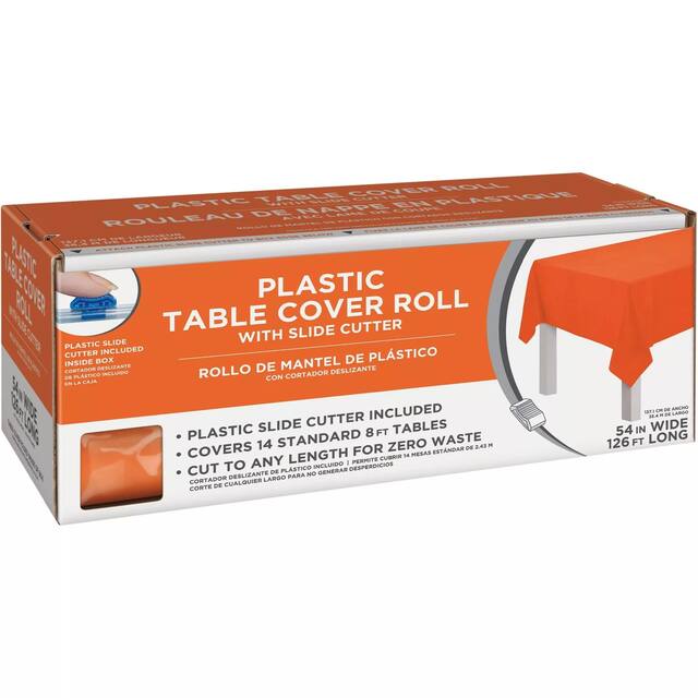 Rectangle Plastic Reusable Table Cover Roll with Slide Cutter, Orange, 126-ft, for Halloween Table Cover Front_Angled_Right