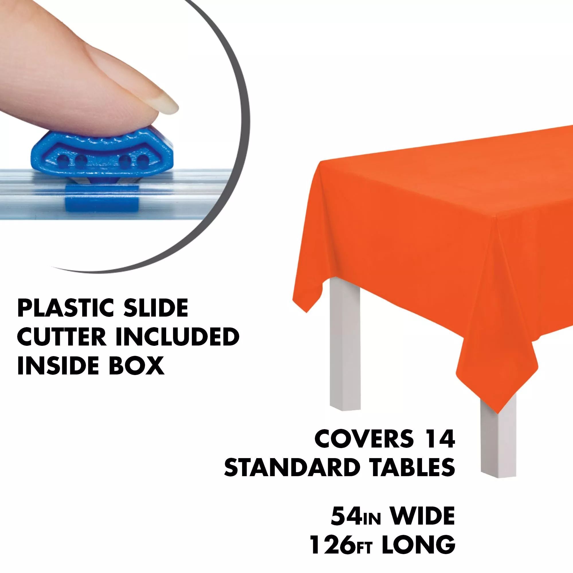 Rectangle Plastic Reusable Table Cover Roll with Slide Cutter, Orange, 126-ft, for Halloween Table Cover Front_Angled_Right