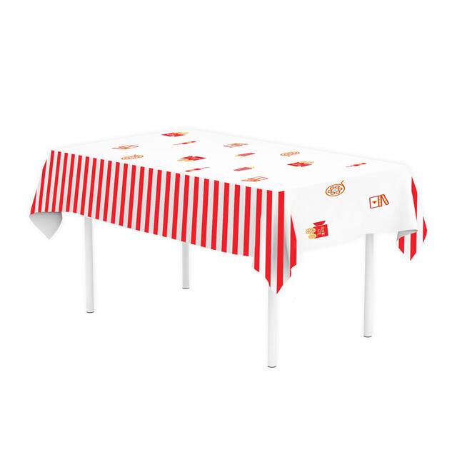 Movie Night Rectangle Plastic Reusable Table Cover, Red/White, 54x100-in, for Movie Nights/Carnival Front_Three_Fourths_Angled_Left