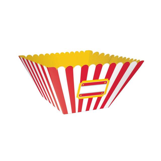 Movie Night Round Paper Disposable Appetizer Bowls, Red/White, Striped, 12-in, 3-pk, for Movie Nights/Carnival Front_Angled_Right