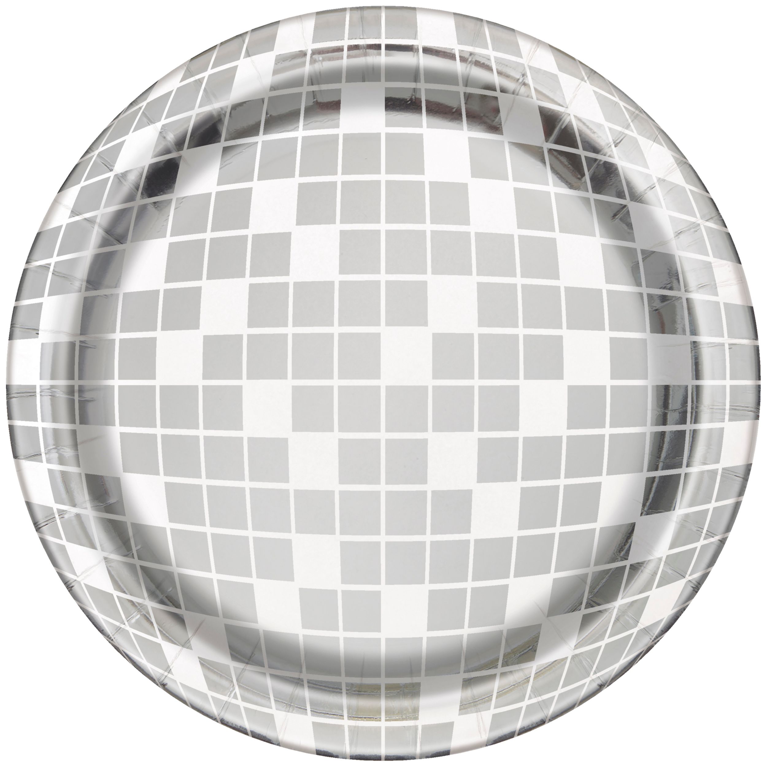 Assiettes rondes en papier jetables ornées d'une boule de disco pour soirée dansante et veille du jour de l'An, argentées, 10,5 po, paq. 8 Overhead_Flat