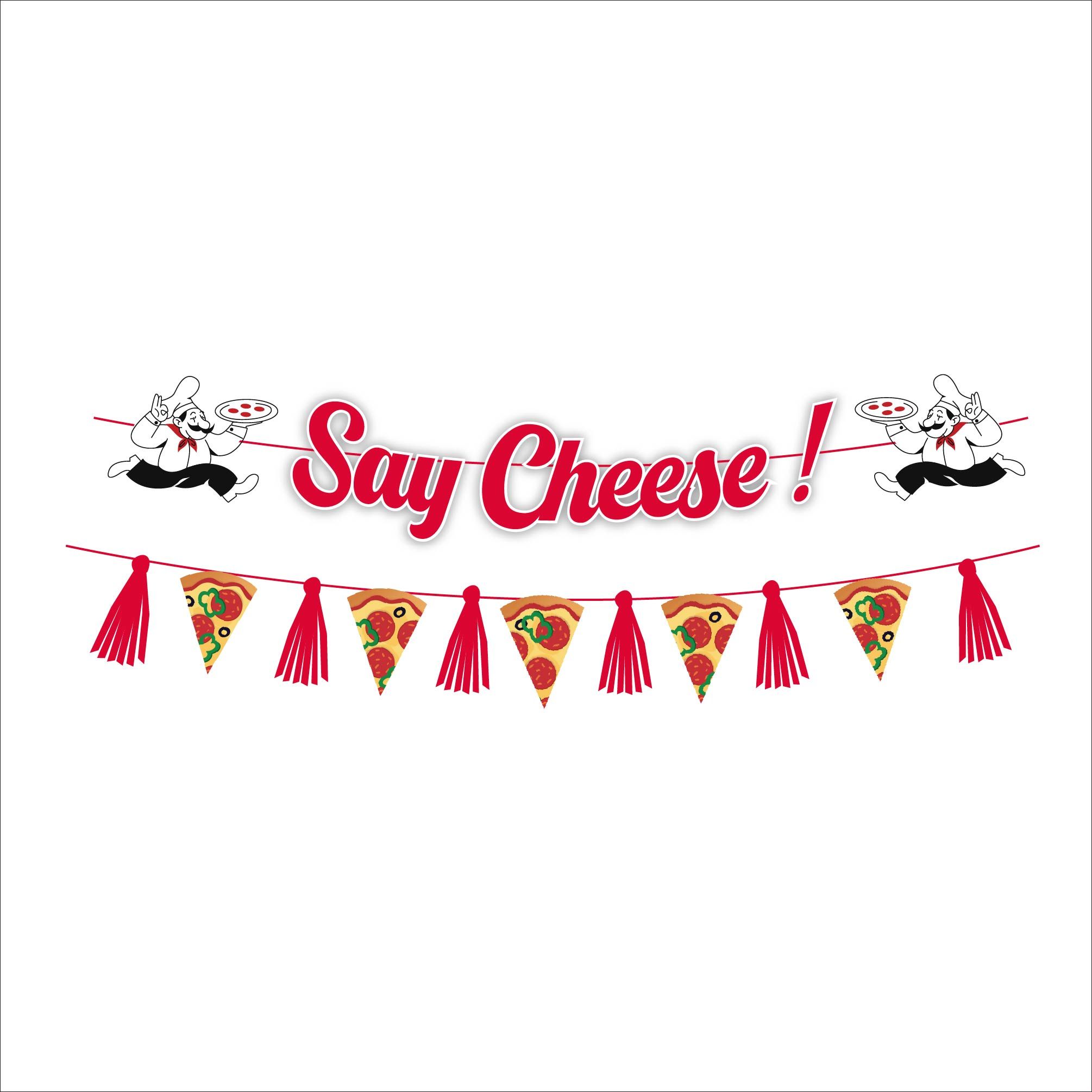 Pizza "Say Cheese" Hanging Felt Banner, Multi-Colour, 2-pc, Indoor/Outdoor Decoration for Birthday/Party Front_Flat