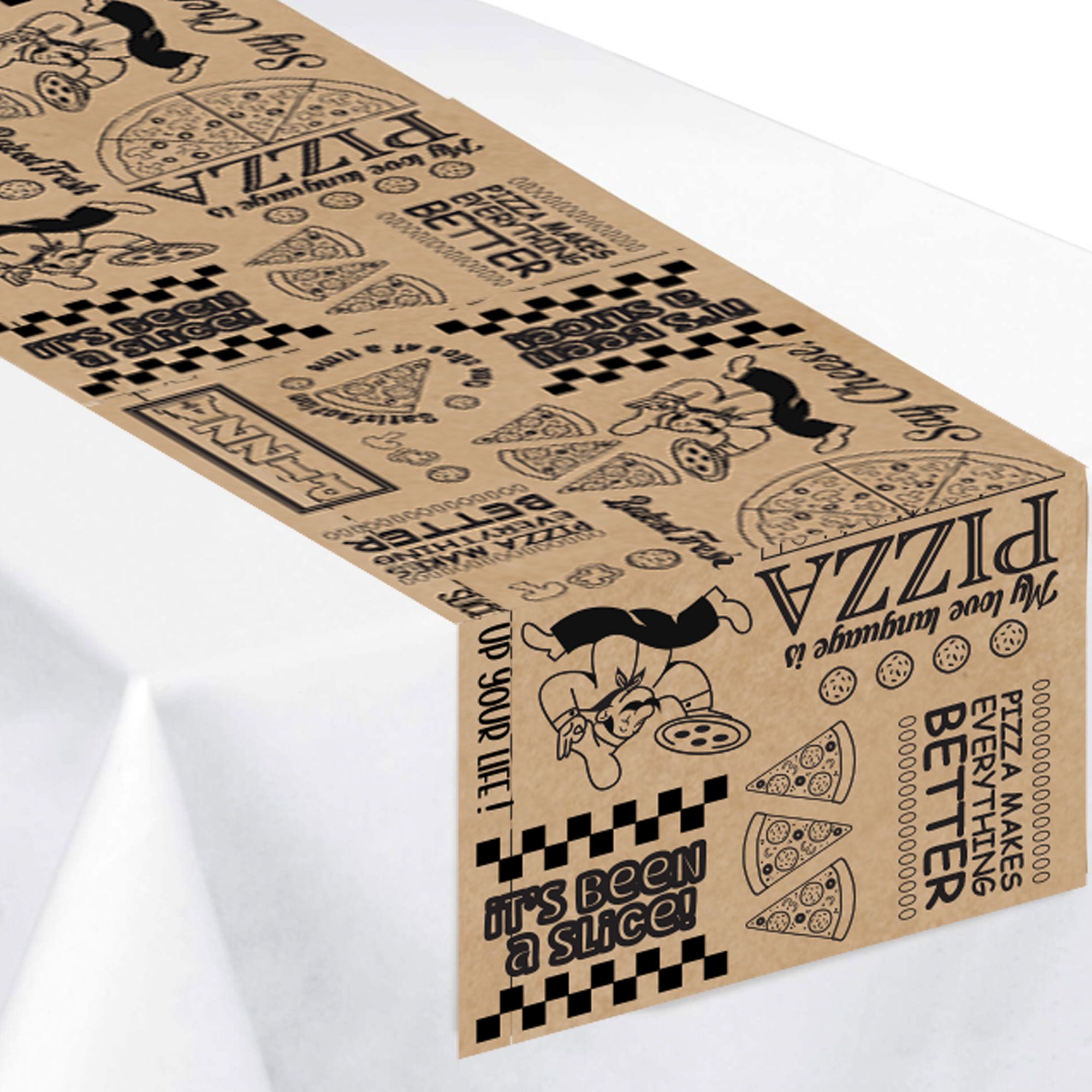 Décoration de chemin de table en papier Pizza Kraft avec crayons pour anniversaire et fête, multicolore, 13 x 72 po CloseUp