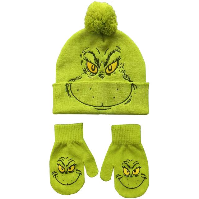 Kids' Christmas Grinch Beanie Hat & Mittens Front_Flat