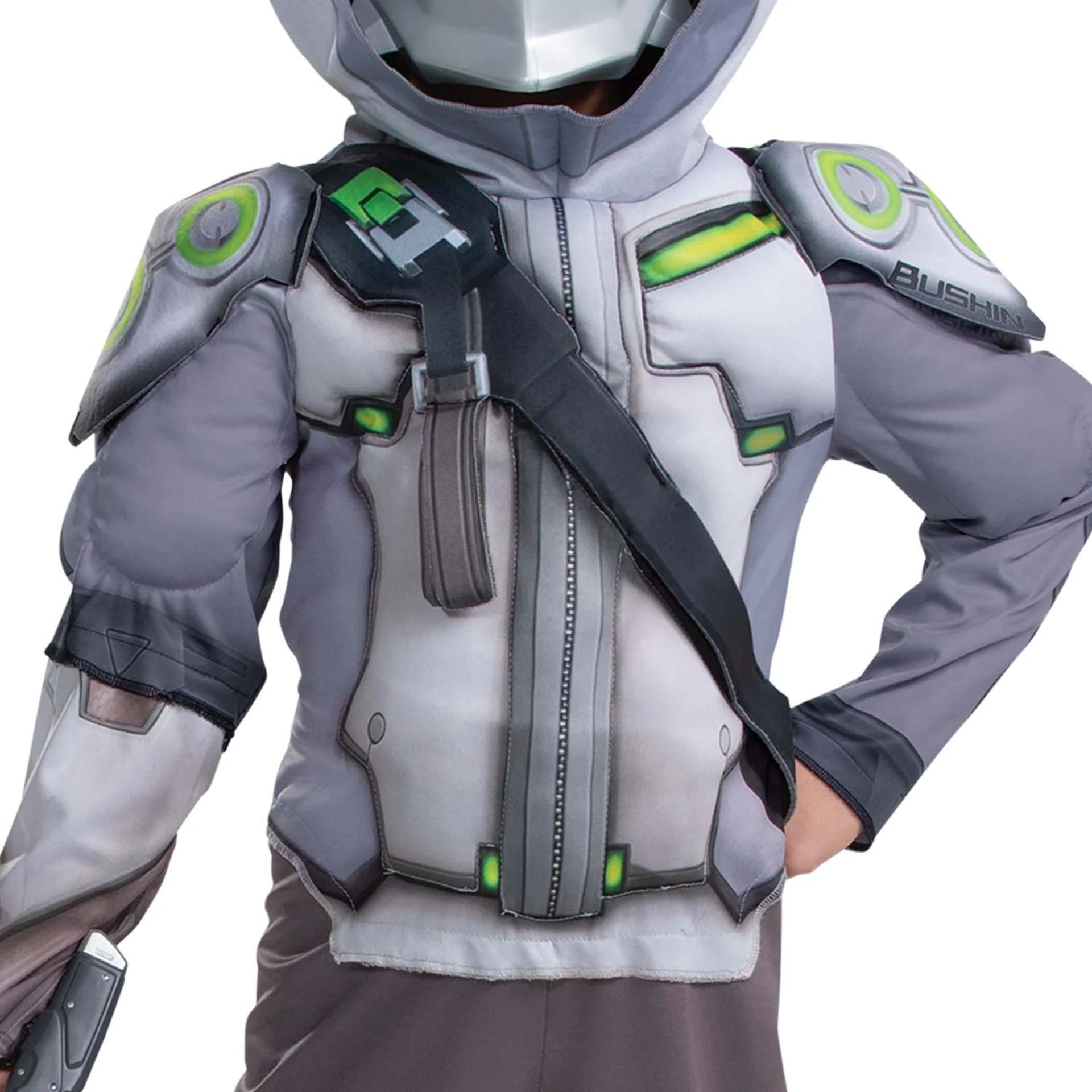 Costume Overwatch Genji, enfants, combinaison grise avec masque, tailles variées CloseUp