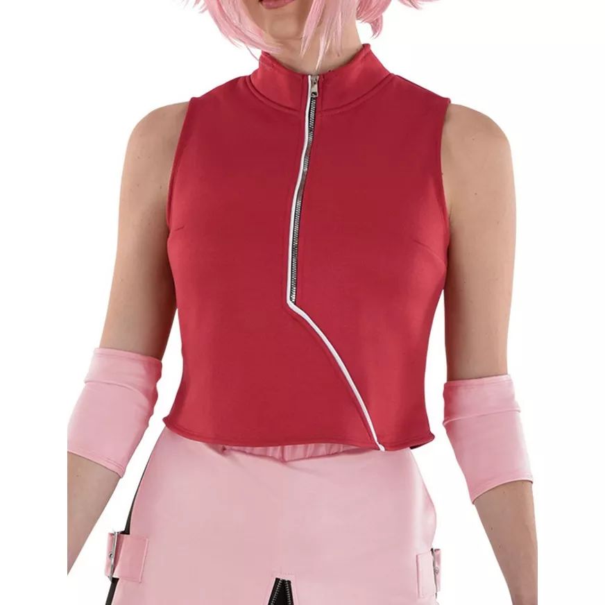Adult Naruto Sakura Haruno Pink Outfit Halloween Costume with Shirt/Shorts/Wig/Gloves, Standard, One Size CloseUp