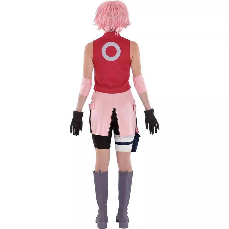 Adult Naruto Sakura Haruno Pink Outfit Halloween Costume with Shirt/Shorts/Wig/Gloves, Standard, One Size Back_Flat